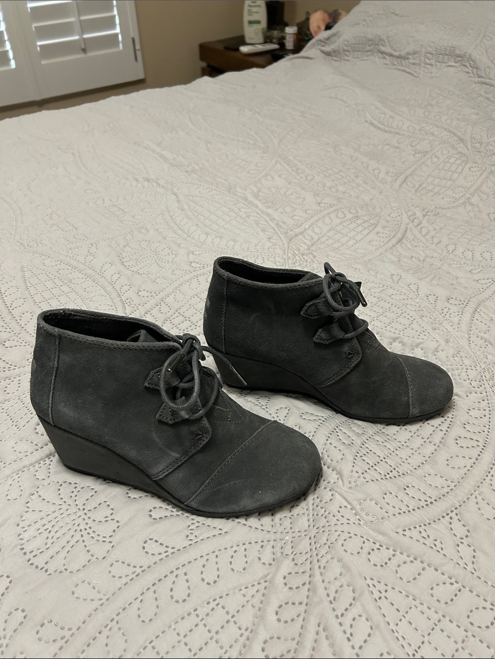Toms graySuede Lace-Up Wedge Booties